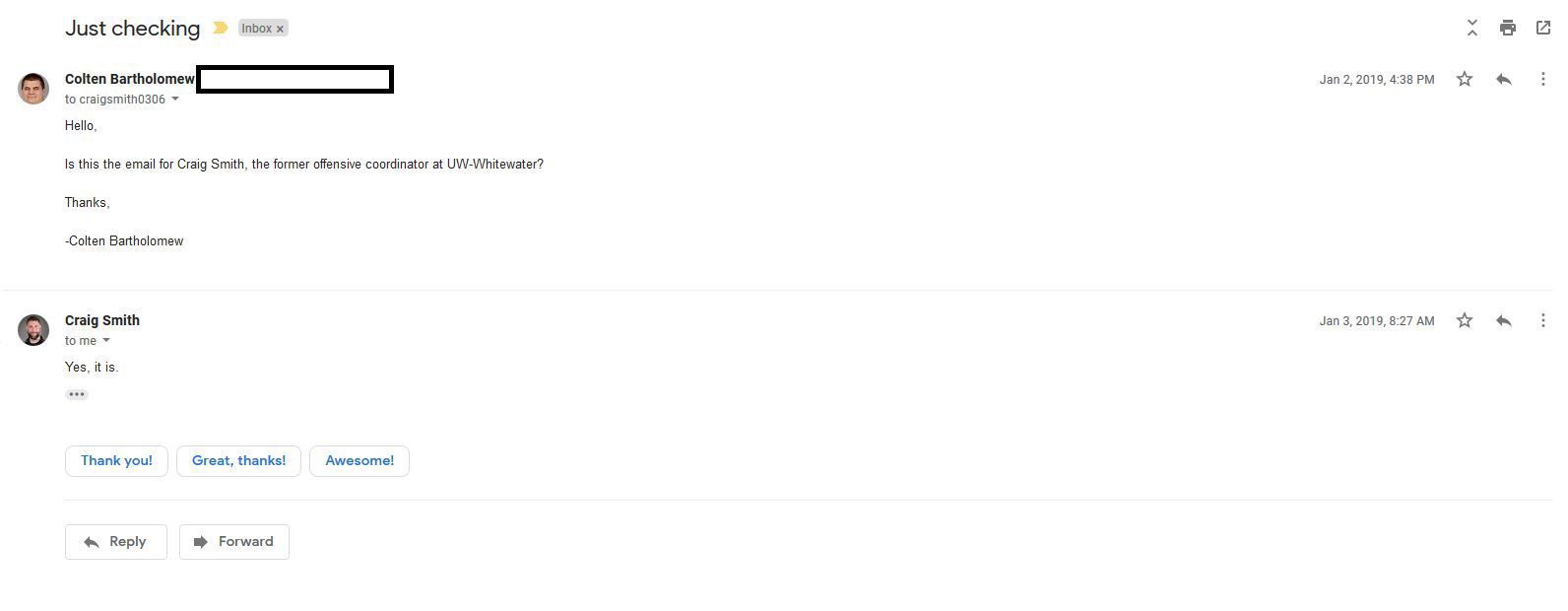 Craig Smith confirmation email